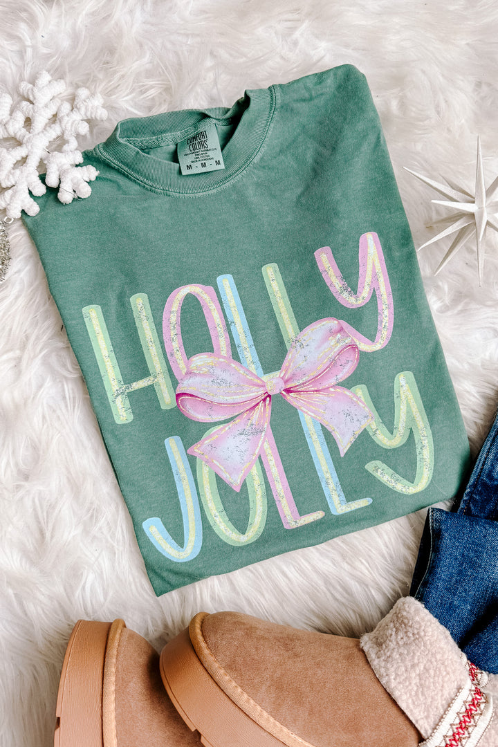 Bright Holly Jolly Bow Graphic Tee - Light Green