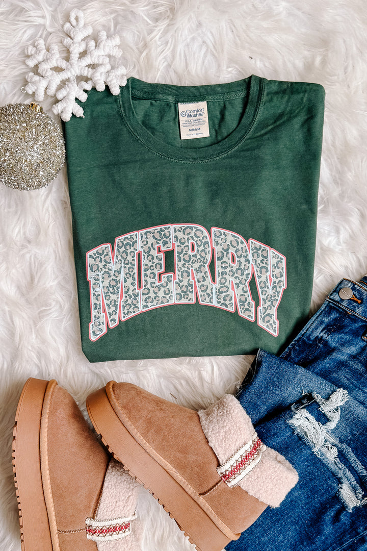 Leopard Merry Graphic Tee - Field Green