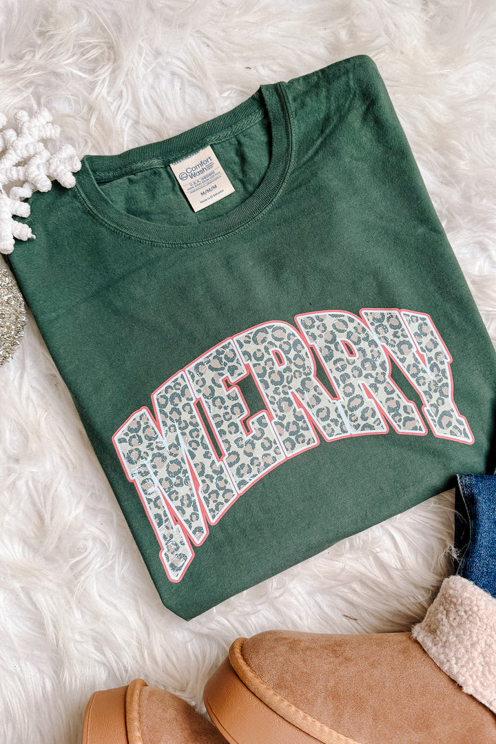 Leopard Merry Graphic Tee - Field Green
