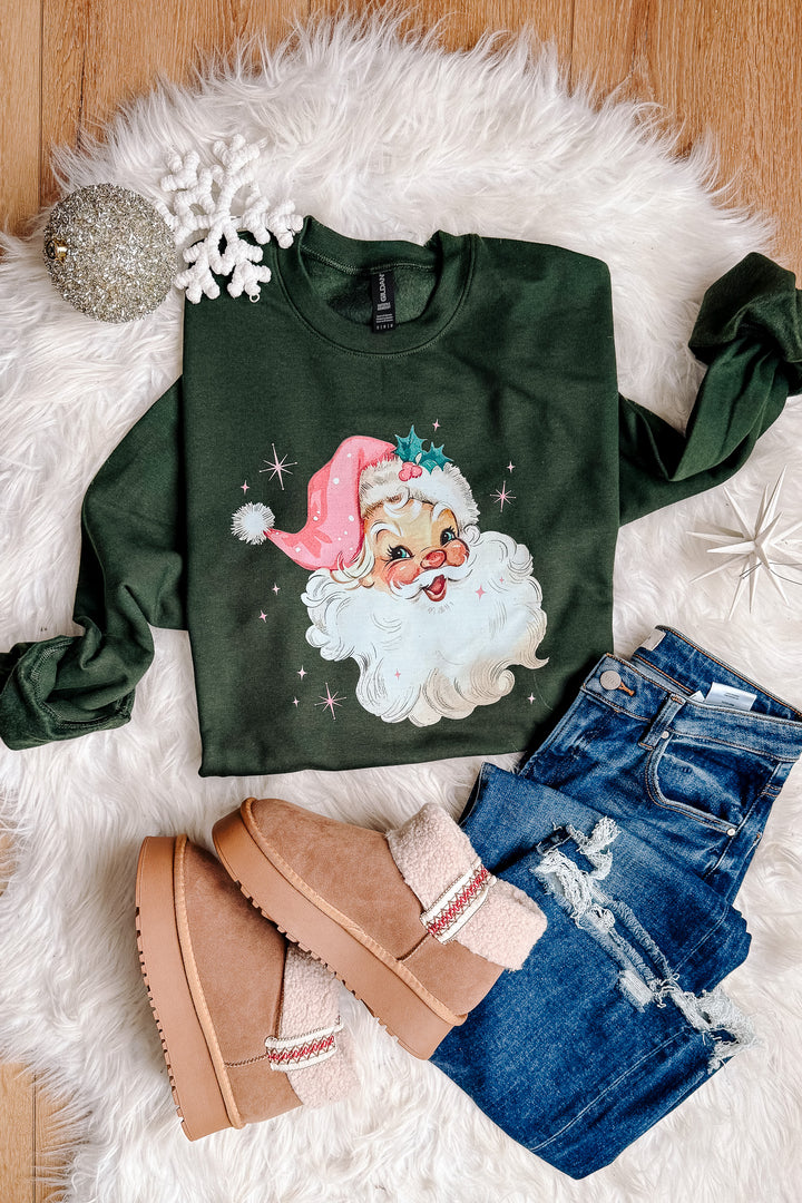 Pink Retro Santa Graphic Sweatshirt - Forest Green
