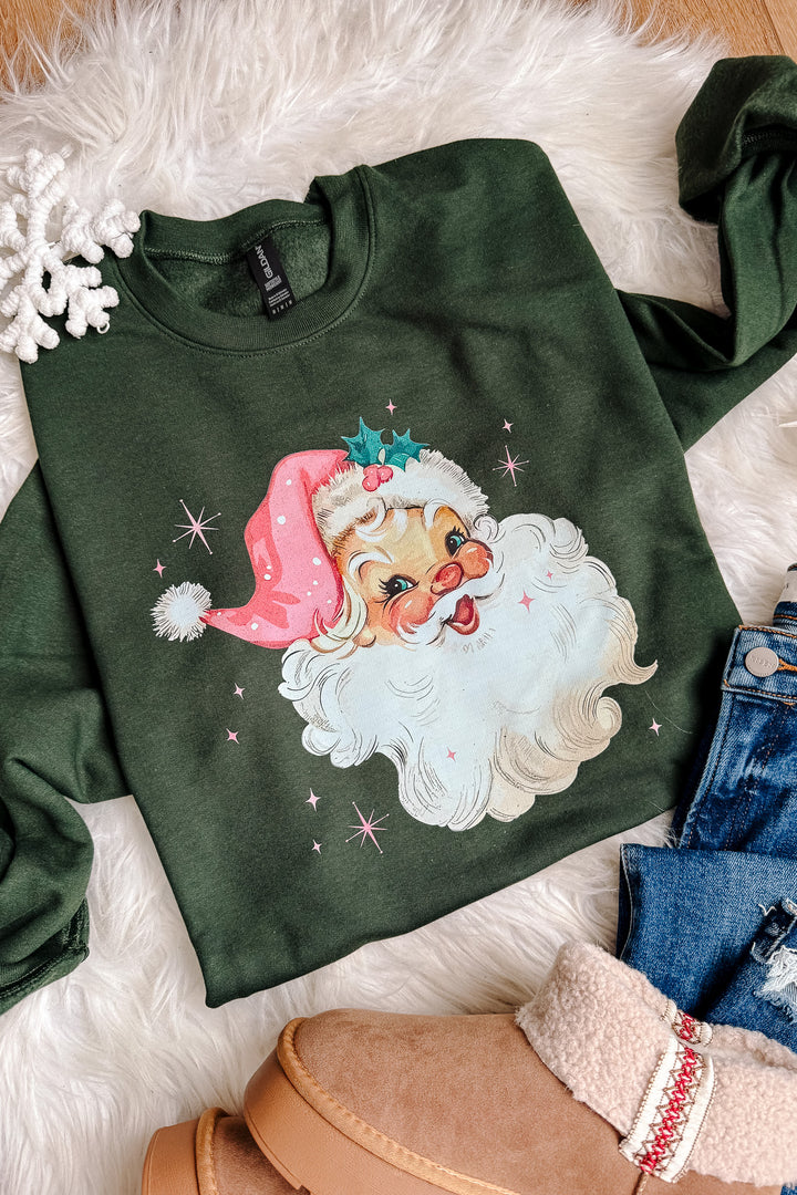 Pink Retro Santa Graphic Sweatshirt - Forest Green