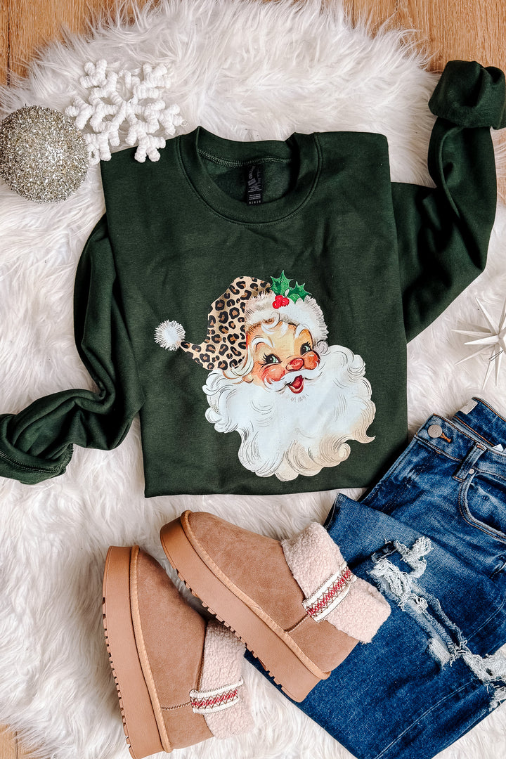 Leopard Retro Santa Graphic Sweatshirt - Forest Green