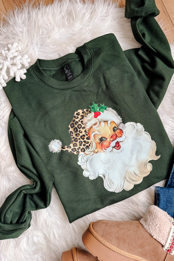 Leopard Retro Santa Graphic Sweatshirt - Forest Green