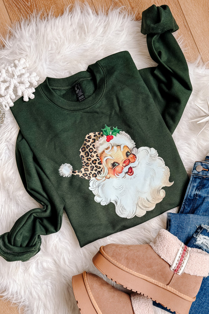 Leopard Retro Santa Graphic Sweatshirt - Forest Green