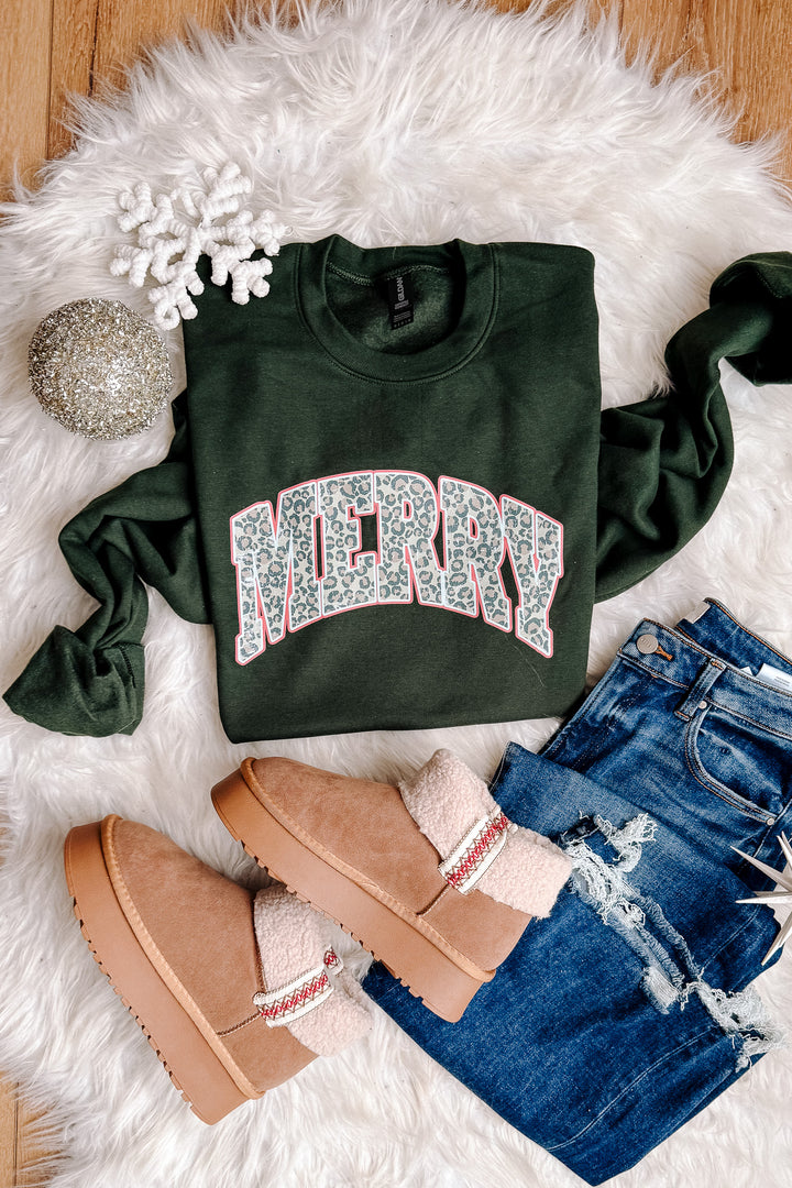 Leopard Merry Graphic Sweatshirt - Forest Green