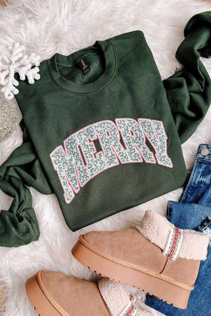 Leopard Merry Graphic Sweatshirt - Forest Green