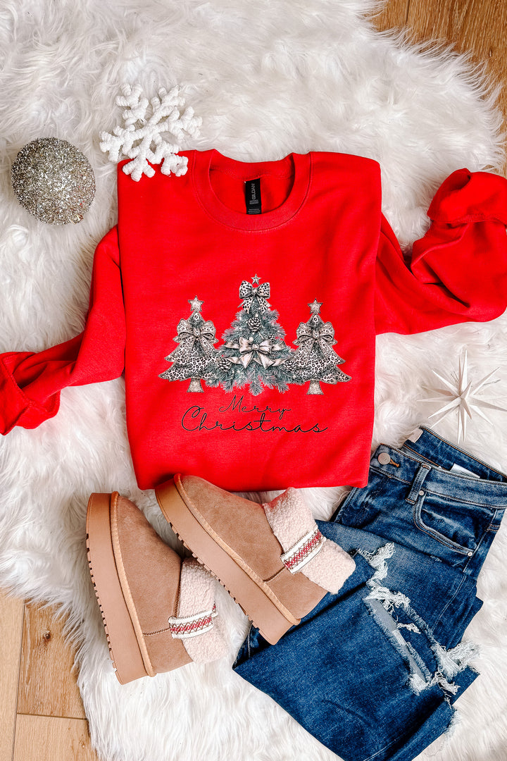 Golden Leopard Christmas Trees Graphic Sweatshirt - Red