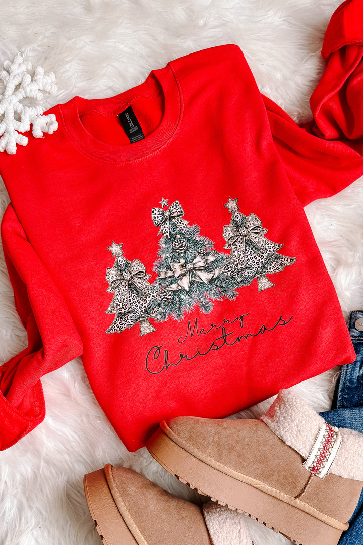 Golden Leopard Christmas Trees Graphic Sweatshirt - Red