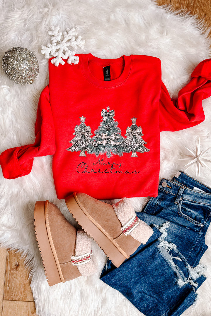 Golden Leopard Christmas Trees Graphic Sweatshirt - Red