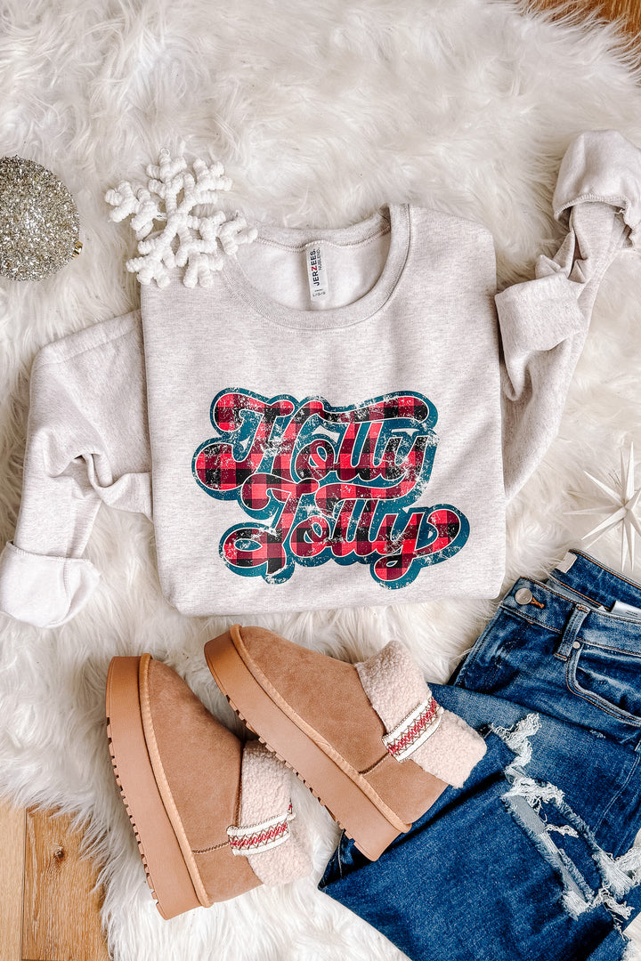 Green Red Plaid Holly Jolly Graphic Sweatshirt - Oatmeal Heather