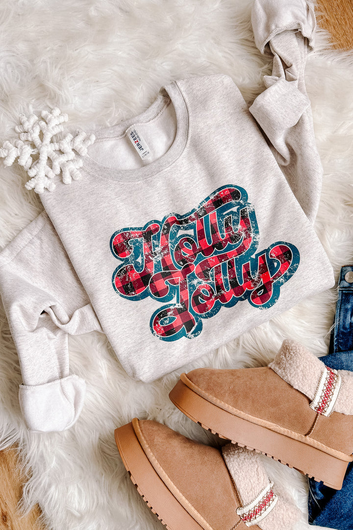 Green Red Plaid Holly Jolly Graphic Sweatshirt - Oatmeal Heather