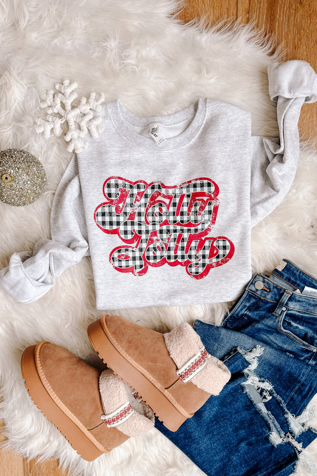 Black Red Plaid Holly Jolly Crewneck Sweatshirt - Ash Grey