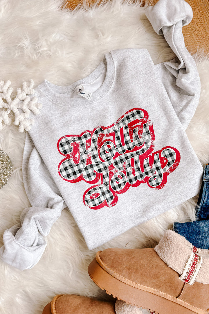 Black Red Plaid Holly Jolly Crewneck Sweatshirt - Ash Grey