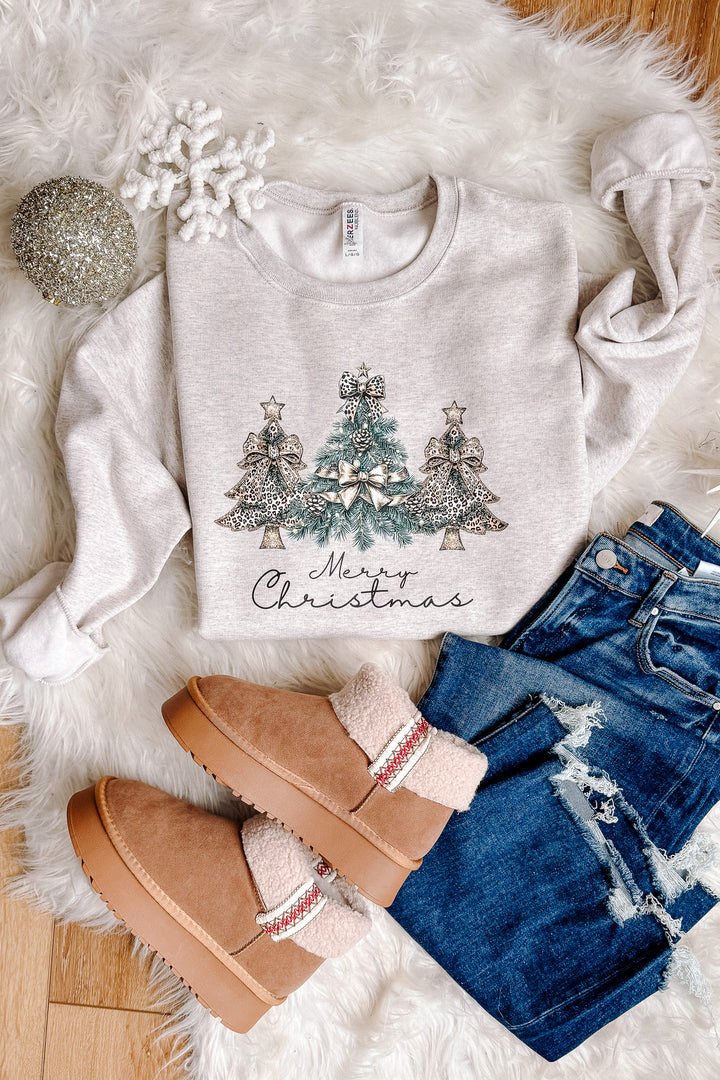 Golden Leopard Christmas Trees Graphic Sweatshirt - Oatmeal Heather