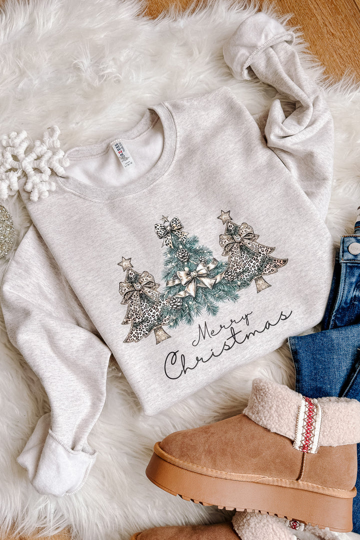Golden Leopard Christmas Trees Graphic Sweatshirt - Oatmeal Heather