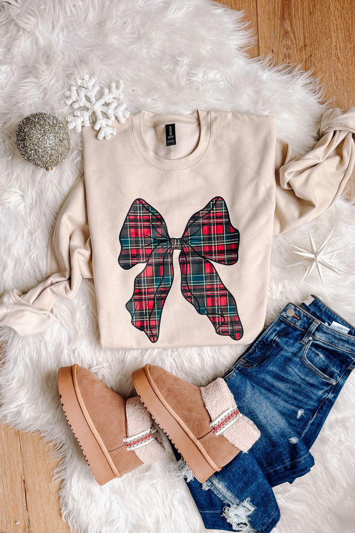 Plaid Coquette Bow Graphic Sweatshirt - Sand