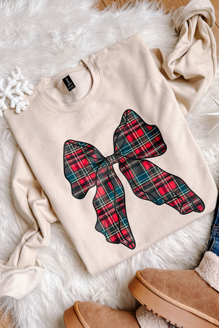 Plaid Coquette Bow Graphic Sweatshirt - Sand