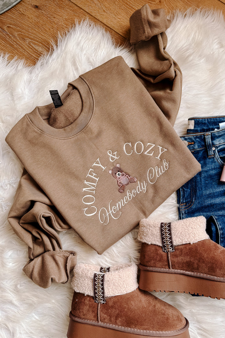 Comfy & Cozy Teddy Bear Embroidered Crewneck Sweatshirt - Brown