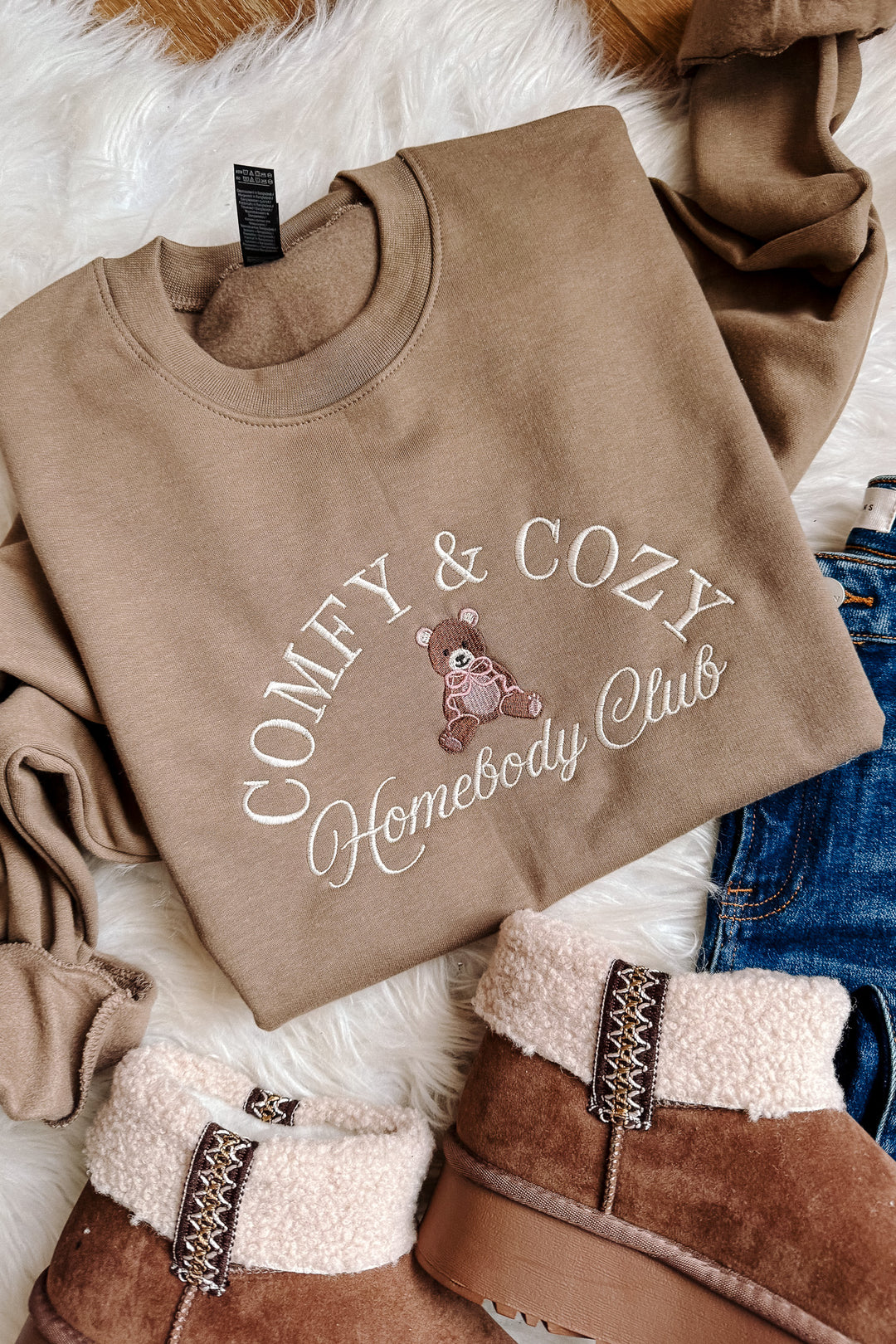 Comfy & Cozy Teddy Bear Embroidered Crewneck Sweatshirt - Brown