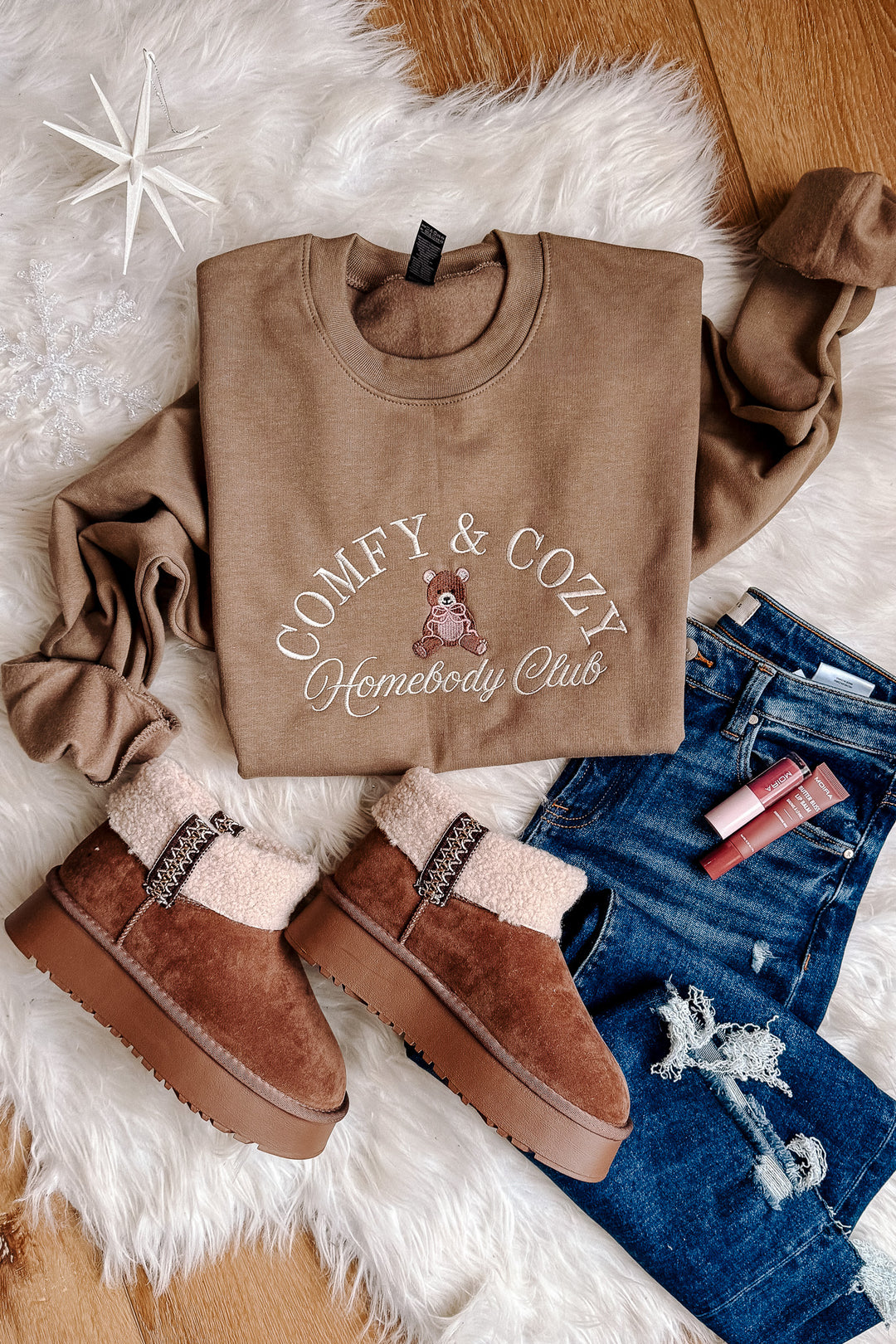 Comfy & Cozy Teddy Bear Embroidered Crewneck Sweatshirt - Brown