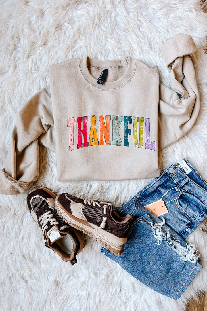 Rainbow Thankful Crewneck Graphic Sweatshirt - Light Sand