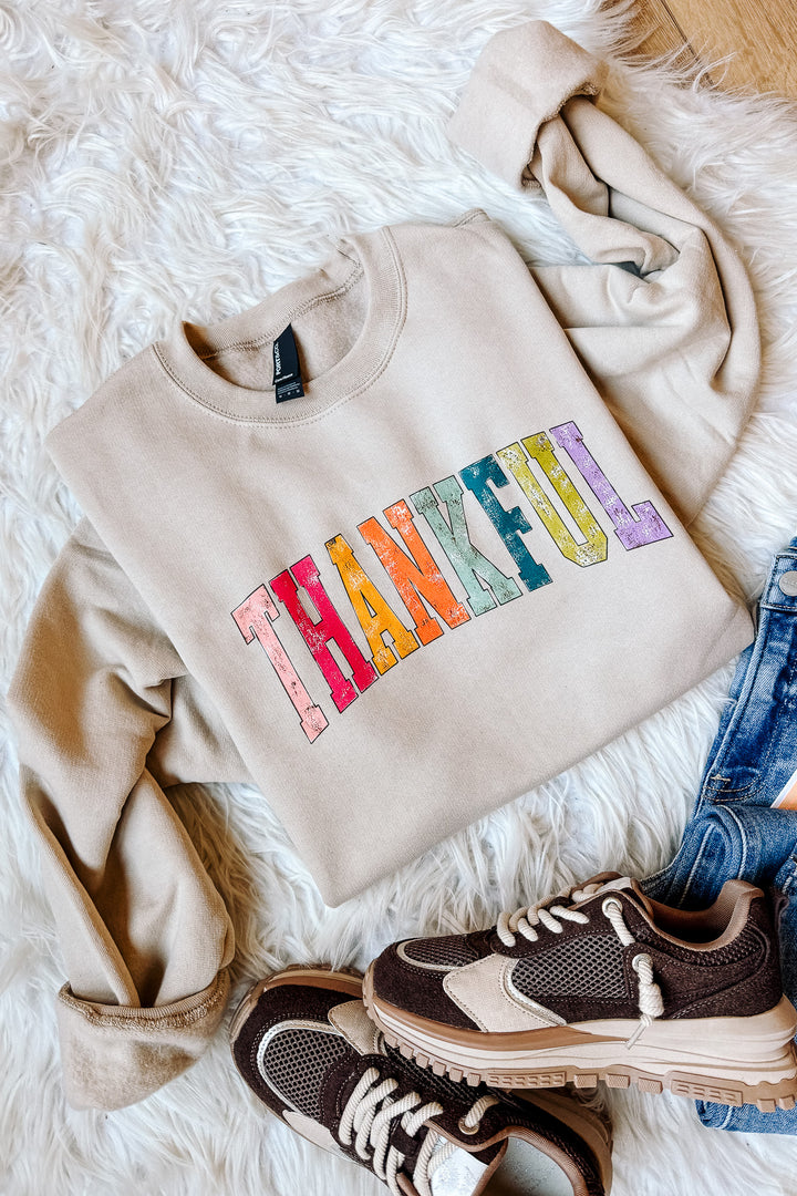 Rainbow Thankful Crewneck Graphic Sweatshirt - Light Sand