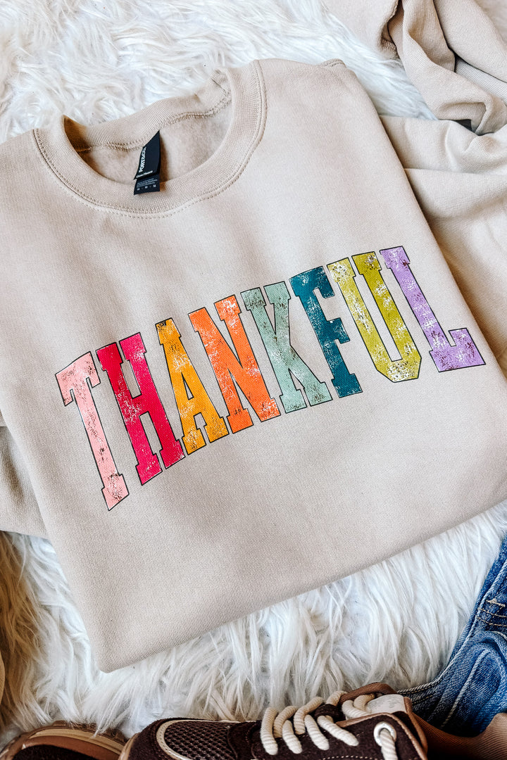 Rainbow Thankful Crewneck Graphic Sweatshirt - Light Sand