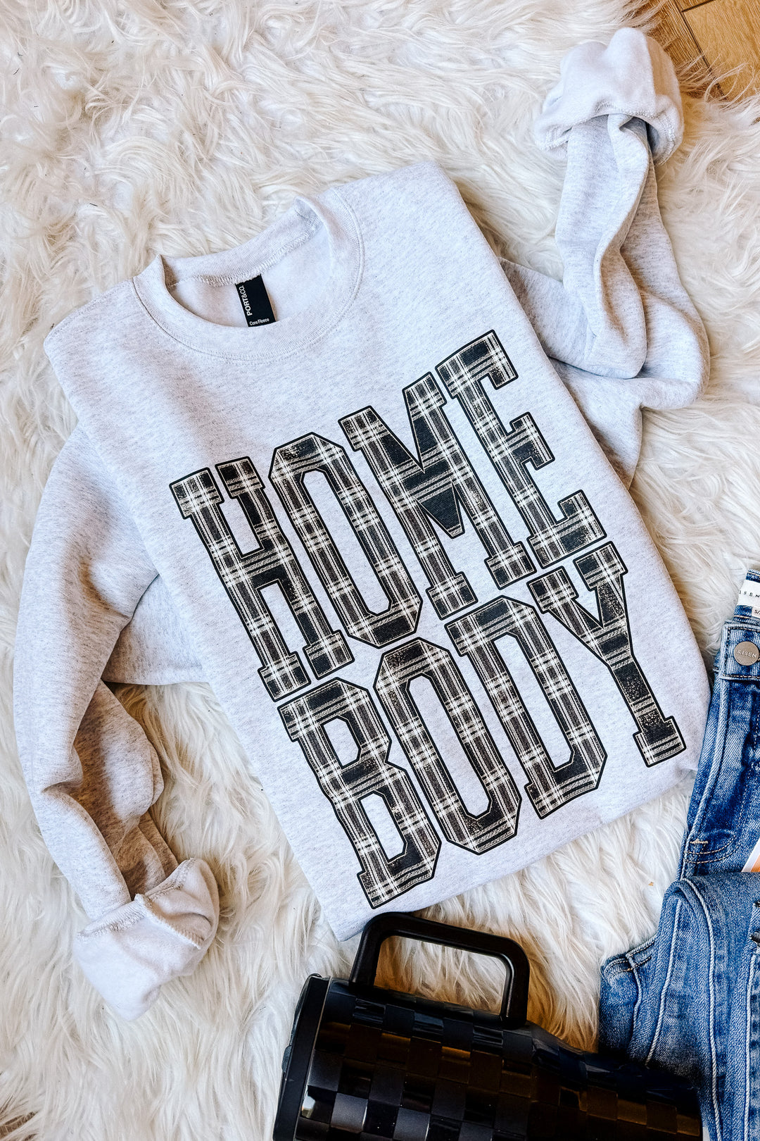 Plaid Home Body Graphic Sweatshirt - Ash Grey