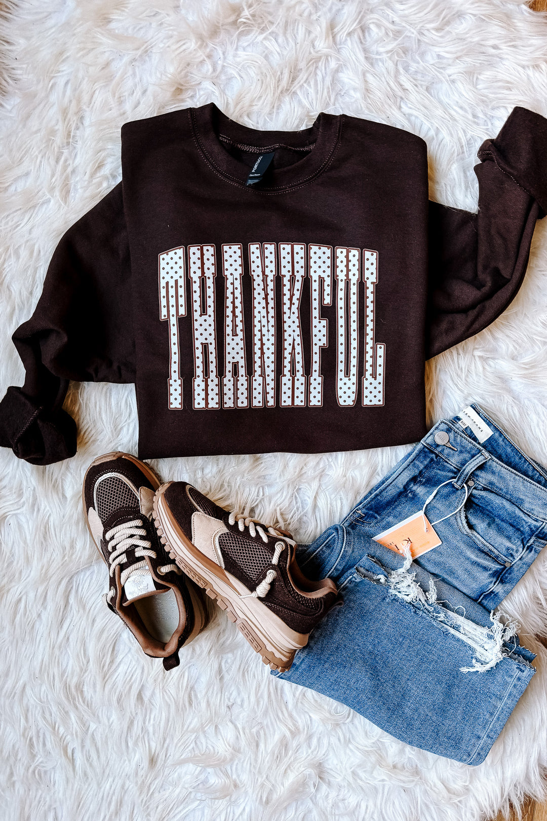 Polka Dot Thankful Graphic Sweatshirt - Chocolate Brown