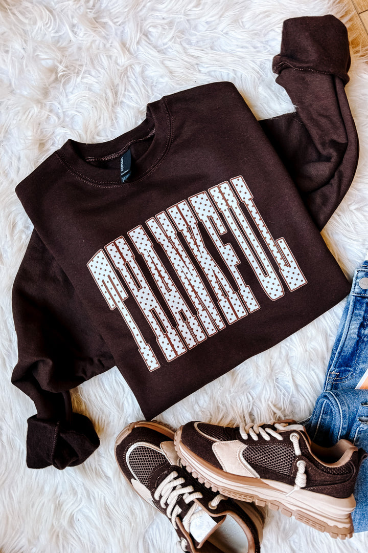 Polka Dot Thankful Graphic Sweatshirt - Chocolate Brown