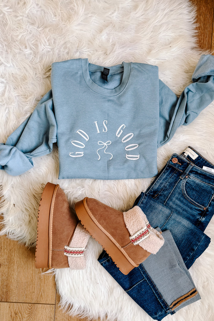 God Is Good Bow Embroidered Sweatshirt - Stone Blue