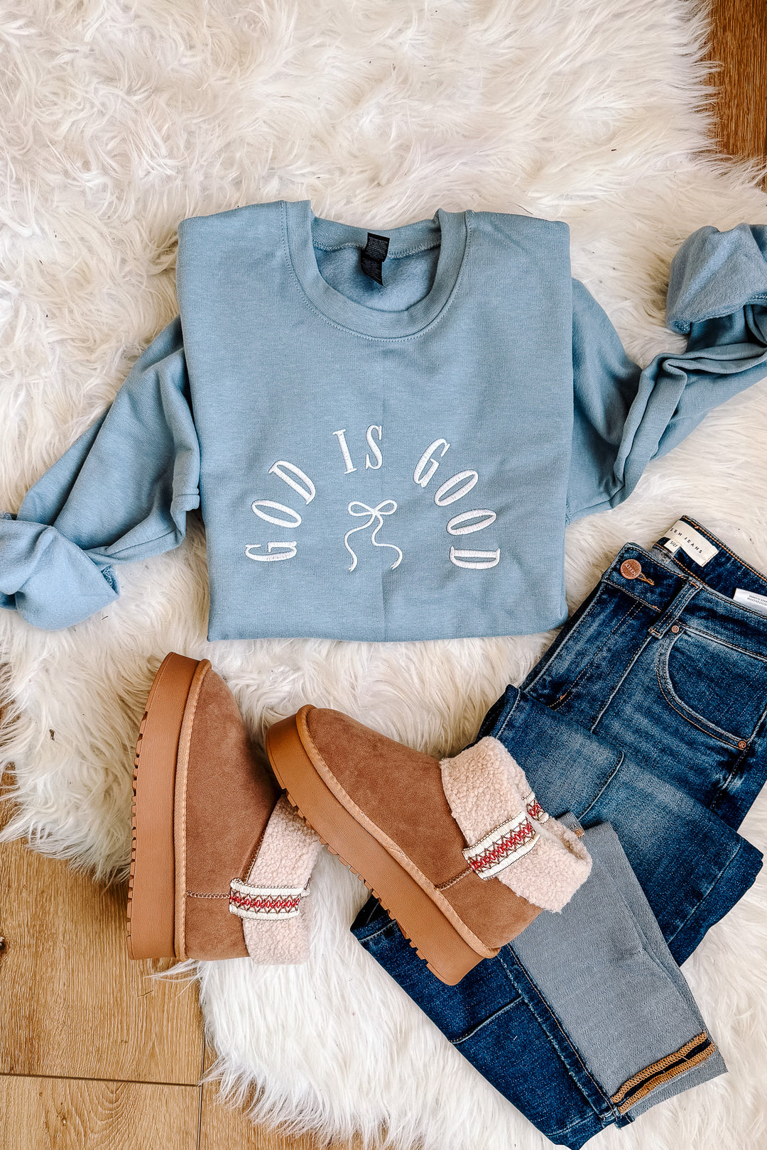 God Is Good Bow Embroidered Sweatshirt - Stone Blue