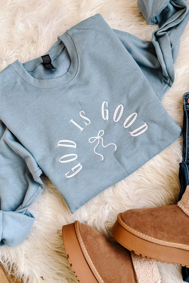God Is Good Bow Embroidered Sweatshirt - Stone Blue