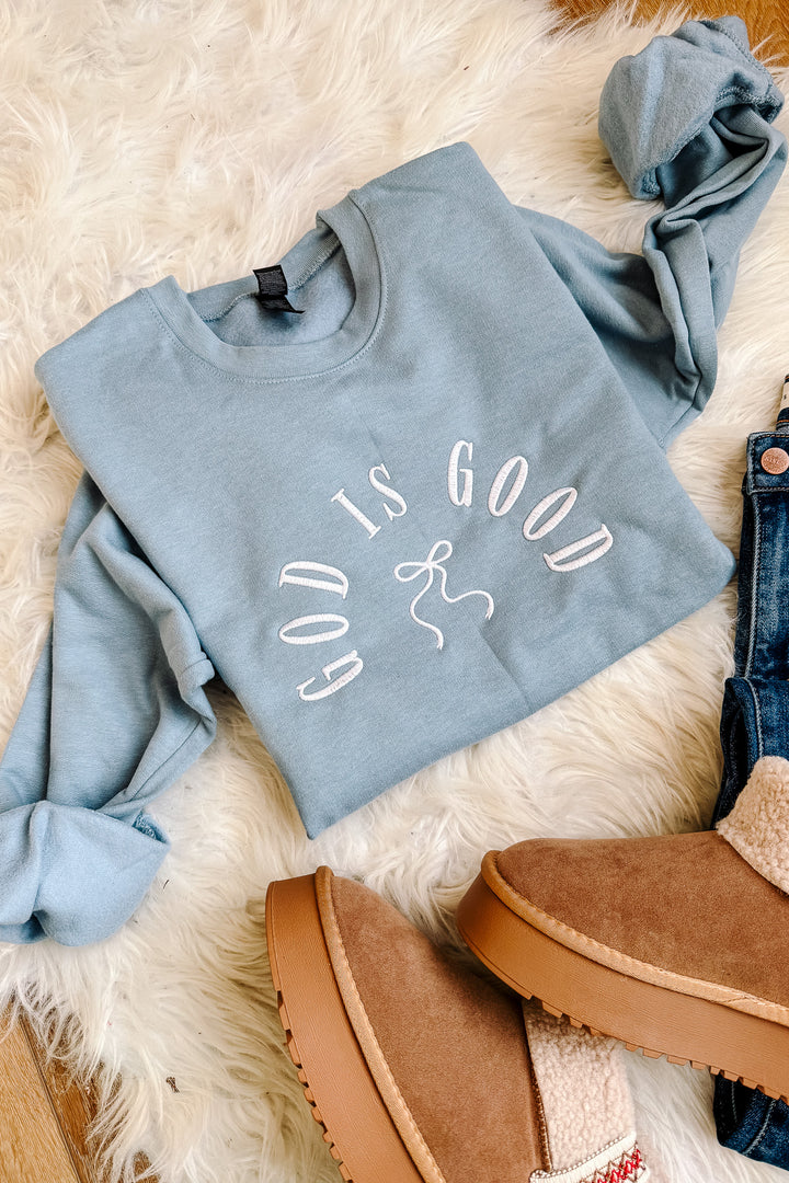 God Is Good Bow Embroidered Sweatshirt - Stone Blue