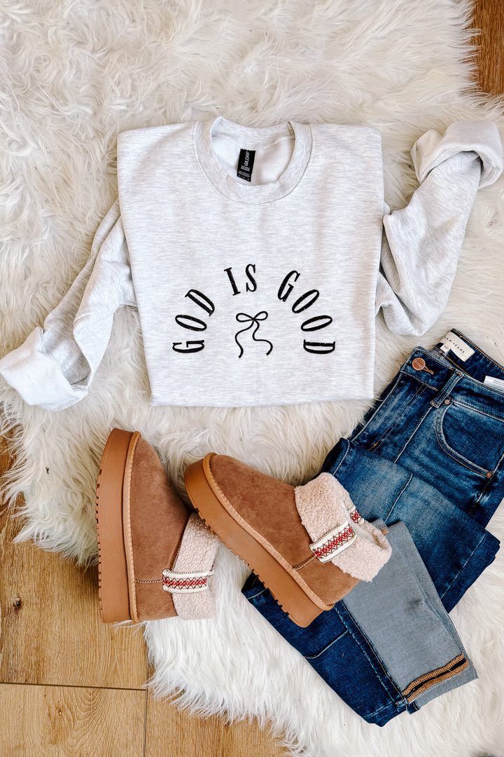 God Is Good Bow Embroidered Sweatshirt - Ash