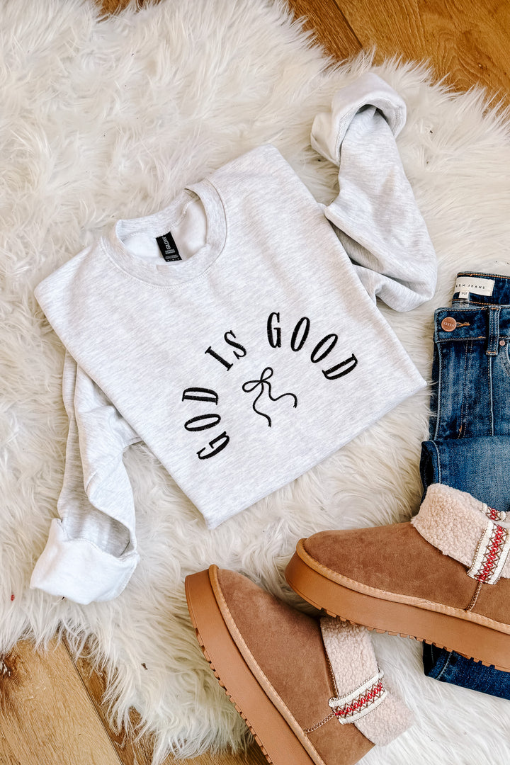 God Is Good Bow Embroidered Sweatshirt - Ash