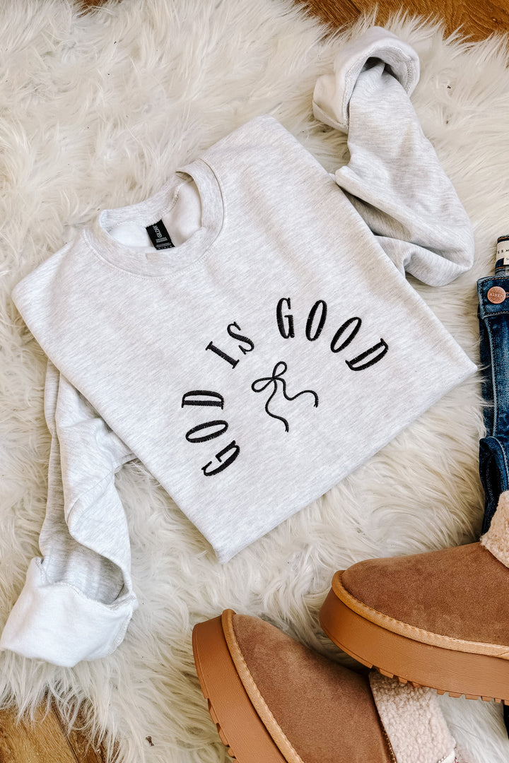 God Is Good Bow Embroidered Sweatshirt - Ash