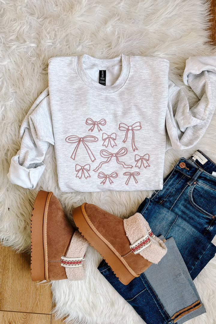 Pink Bow Doodles Embroidered Sweatshirt - Ash