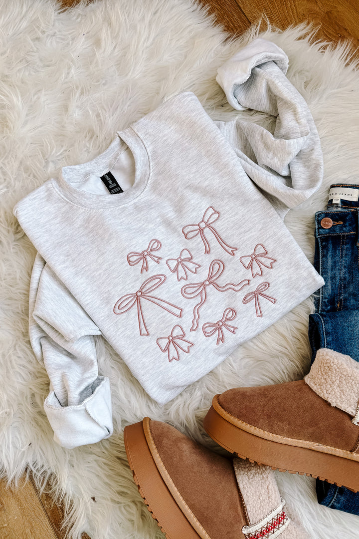 Pink Bow Doodles Embroidered Sweatshirt - Ash