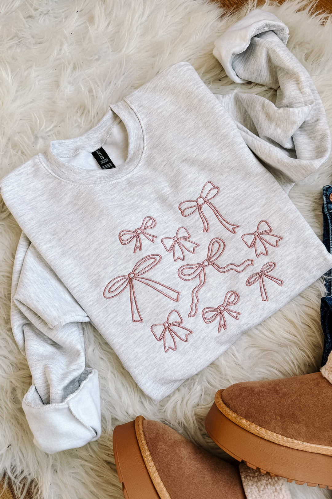 Pink Bow Doodles Embroidered Sweatshirt - Ash