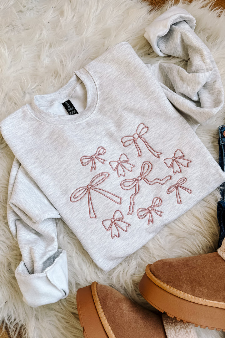 Pink Bow Doodles Embroidered Sweatshirt - Ash