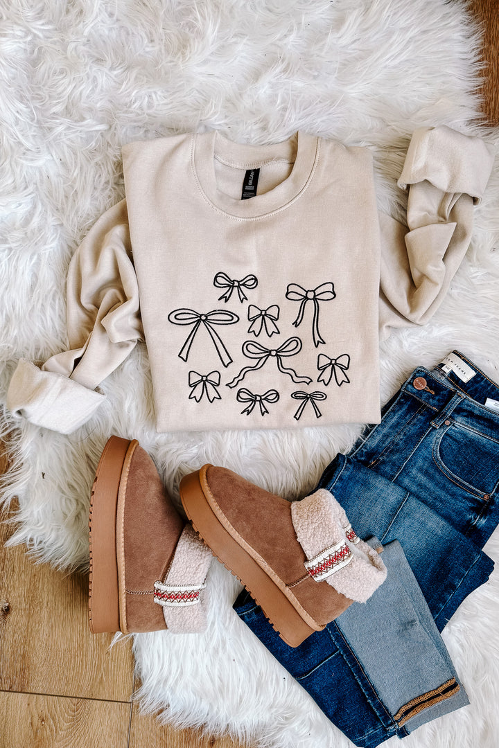 Black Bow Doodles Embroidered Sweatshirt - Sand