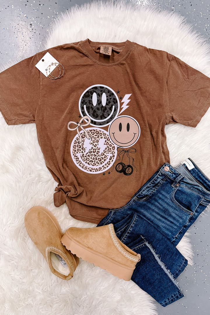 Leopard Grunge Happy Faces Tee - Espresso