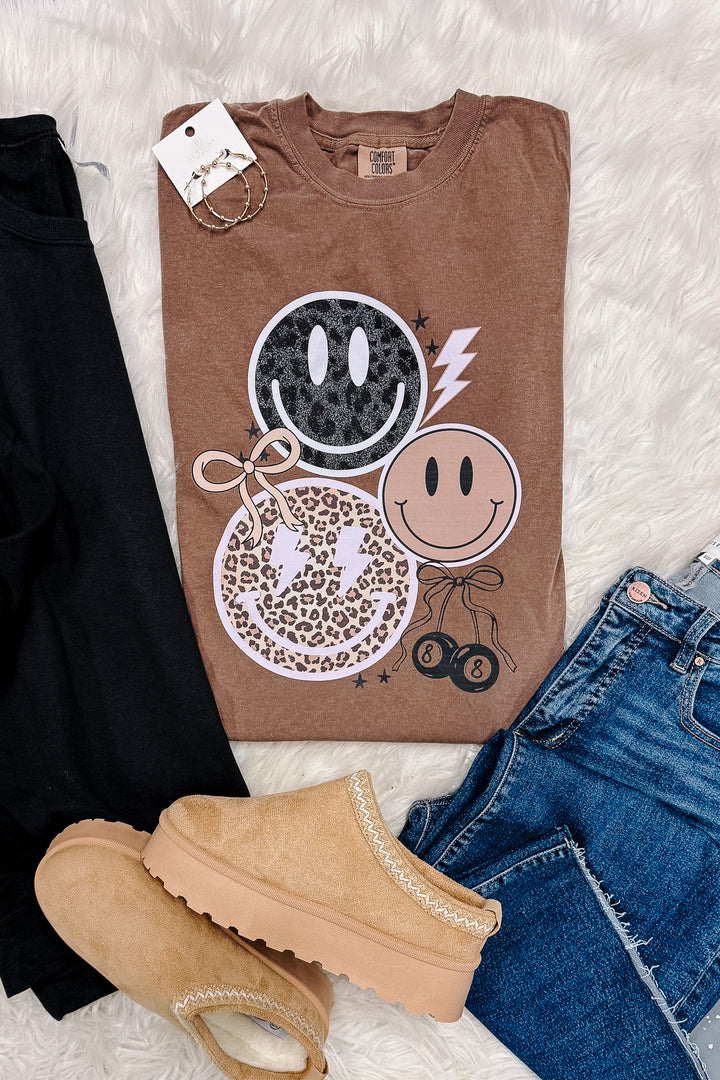 Leopard Grunge Happy Faces Tee - Espresso