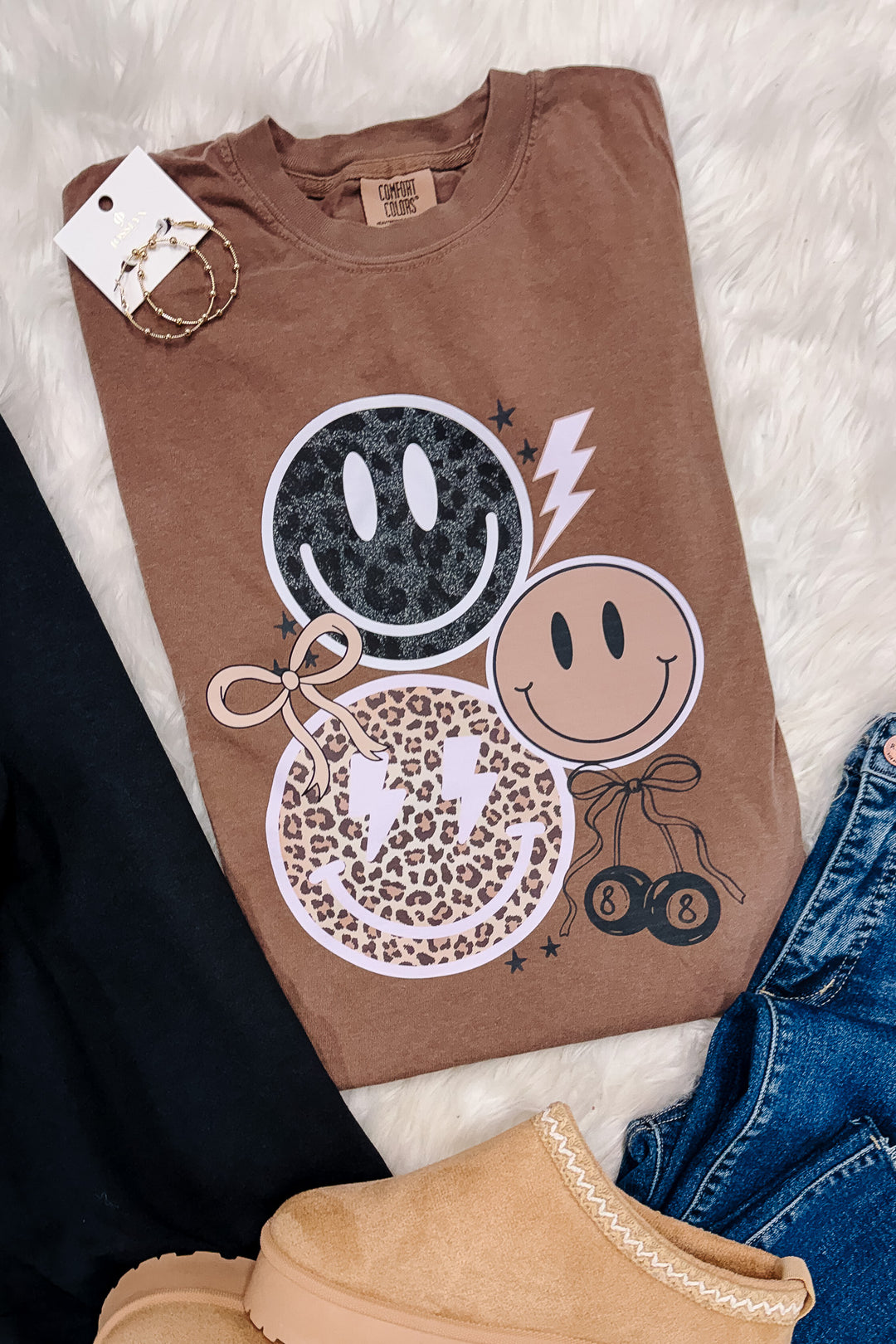 Leopard Grunge Happy Faces Tee - Espresso