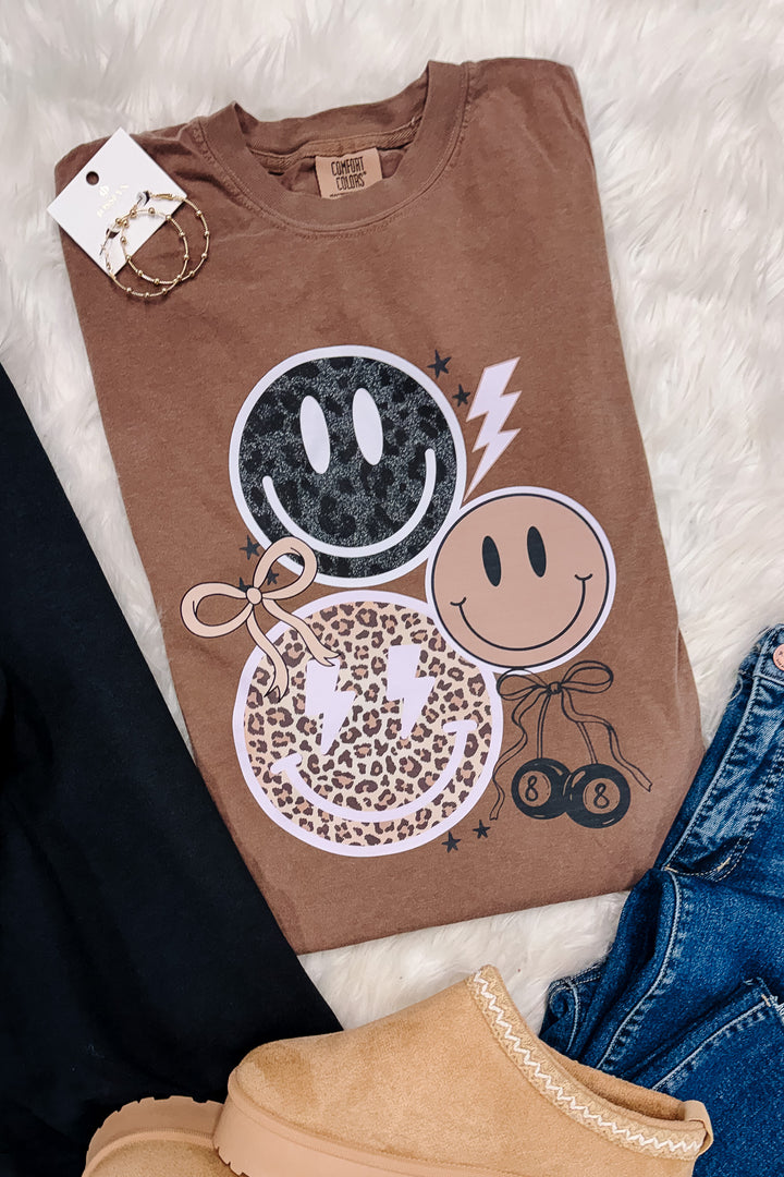 Leopard Grunge Happy Faces Tee - Espresso