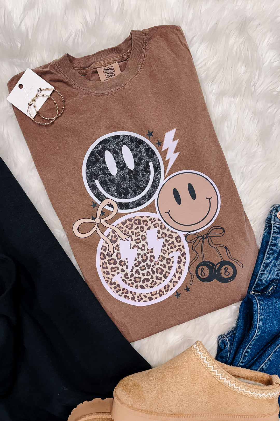 Leopard Grunge Happy Faces Tee - Espresso