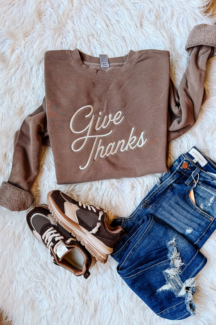 Give Thanks Embroidered Sweatshirt - Pigment Clay
