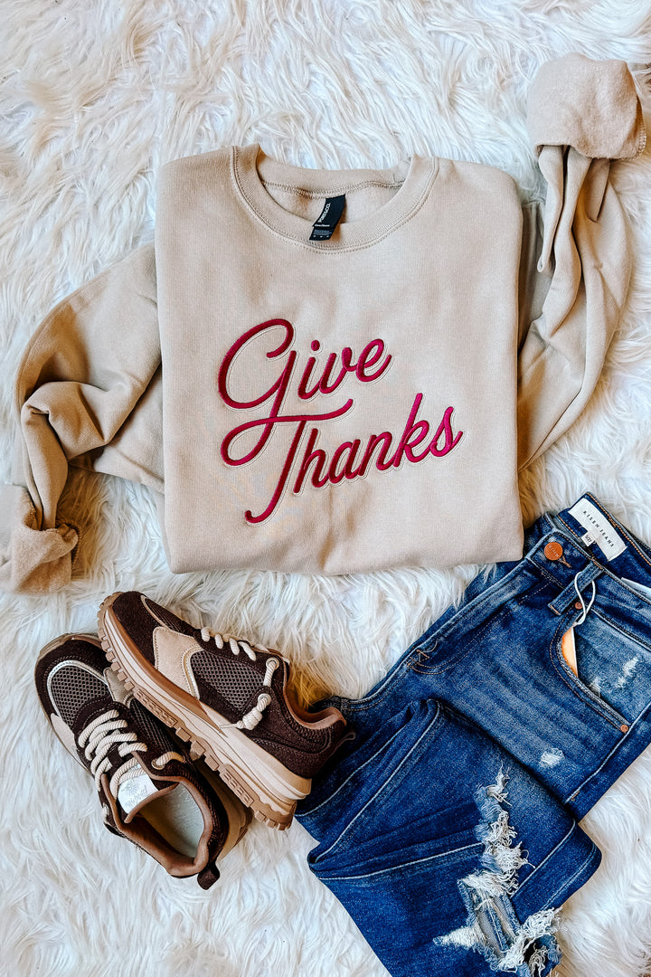 Give Thanks Embroidered Crewneck Sweatshirt - Light Sand
