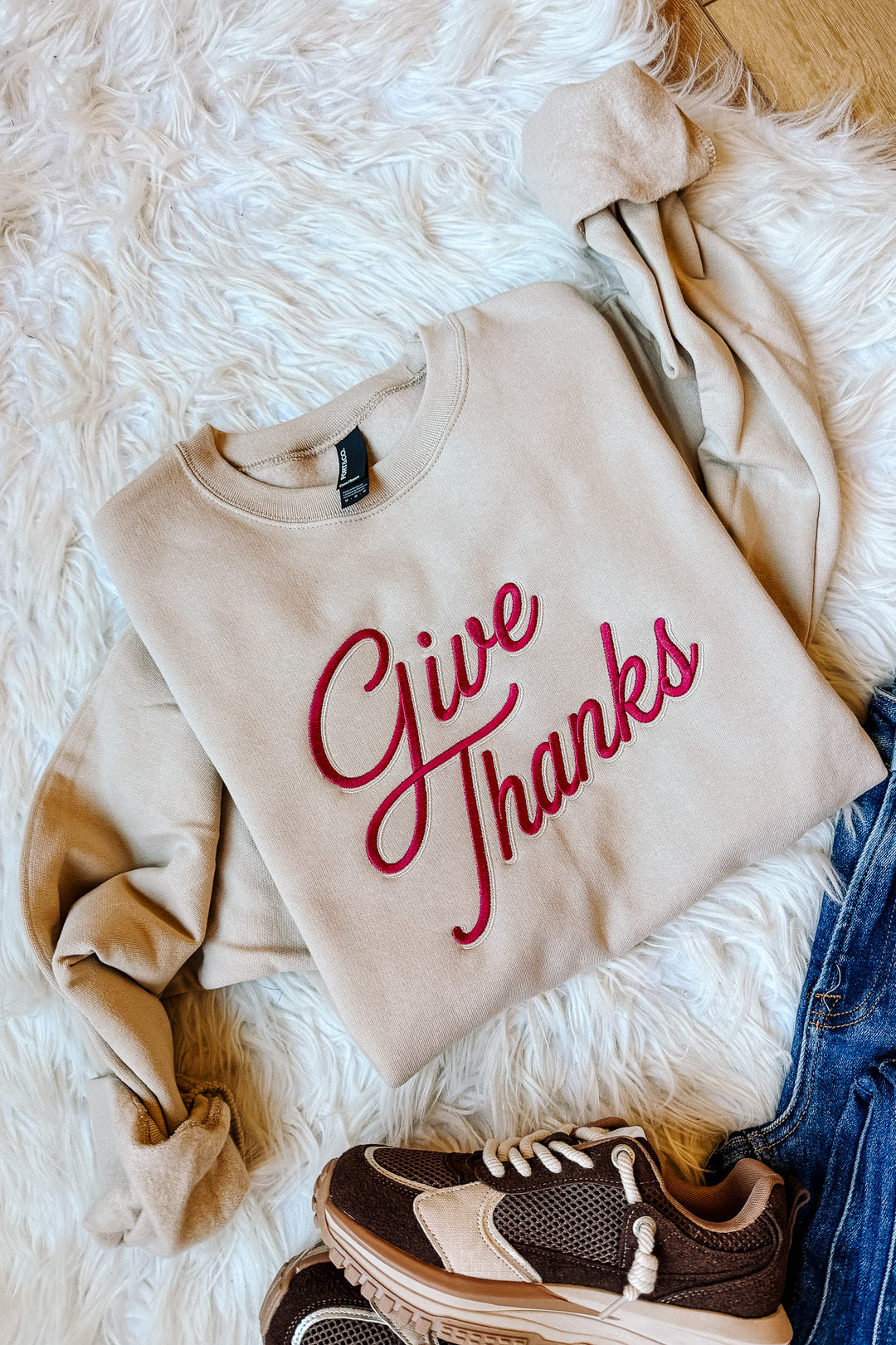 Give Thanks Embroidered Crewneck Sweatshirt - Light Sand